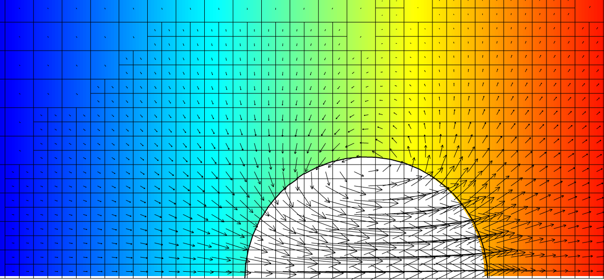 Final velocity field, interface, temperature and adaptive mesh